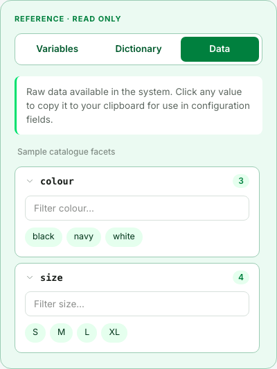 The Data tab of the reference dock: both sections unfolded, each value a chip you click to copy, with a filter box per section