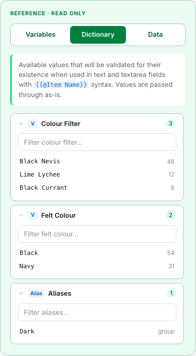 The Dictionary tab of the reference dock: the groups unfolded, each value with its info note, and a filter box per group