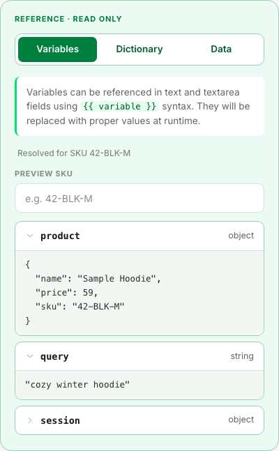 The Variables tab of the reference dock: the Preview SKU input, the caption, and the variables unfolded to show their resolved values