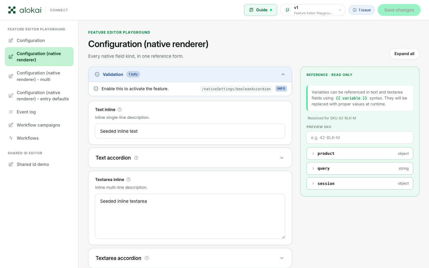 A form open in the panel: fields in the middle, the issue count and the Save changes button in the header