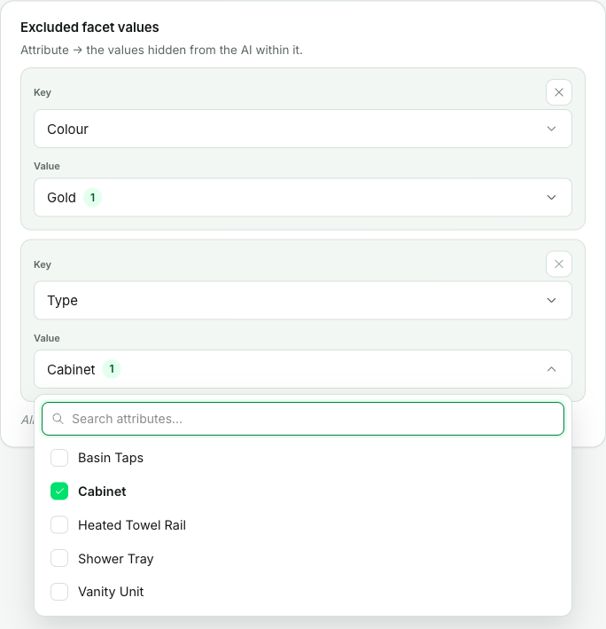 A map field with two entries: the Colour entry holds Gold, and the Type entry's value dropdown is open, offering only product types - Basin Taps, Cabinet (ticked), Heated Towel Rail, Shower Tray, and Vanity Unit