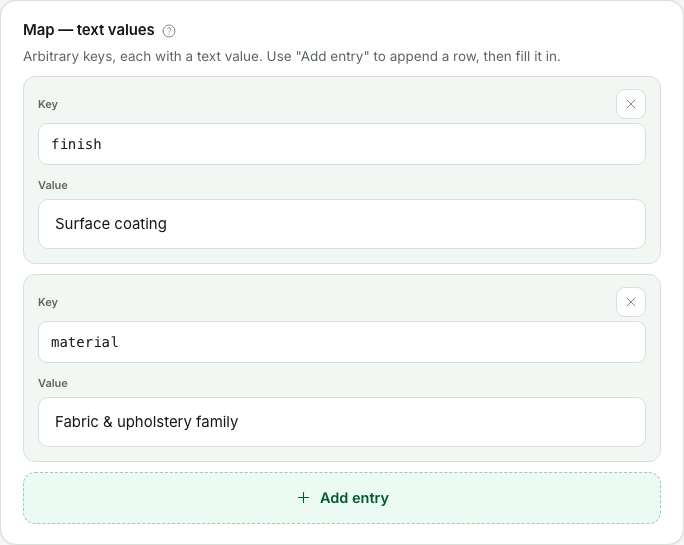 The map field: two key-value rows and an Add entry button