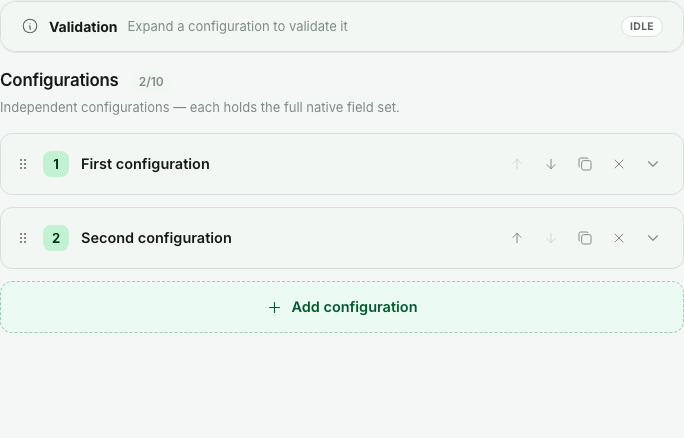 A multi-entry form: the heading with a 2/10 counter, two collapsed entries titled by their titleField, and the Add configuration button