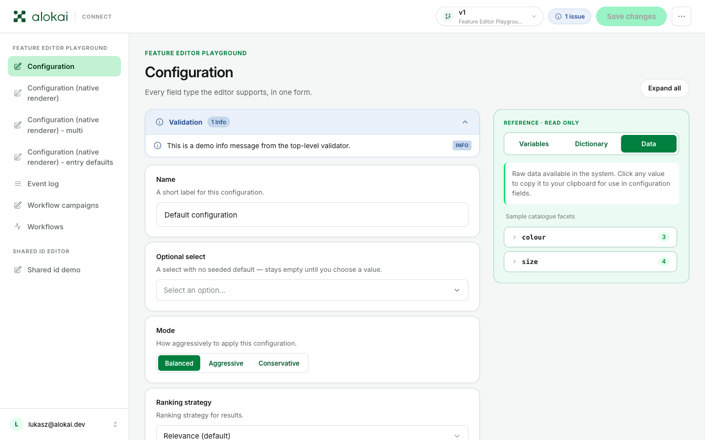 The panel after signing in: the sidebar on the left, an open form in the middle