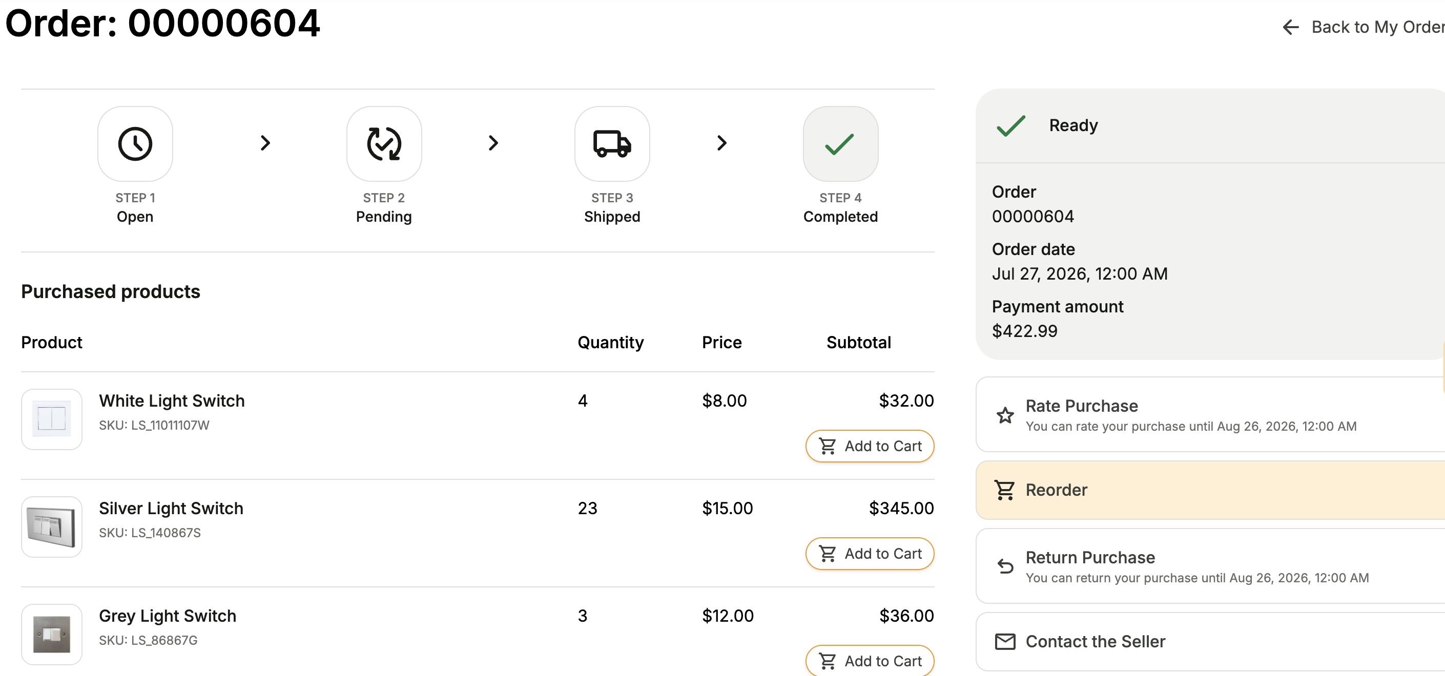 Order details page with the Reorder button