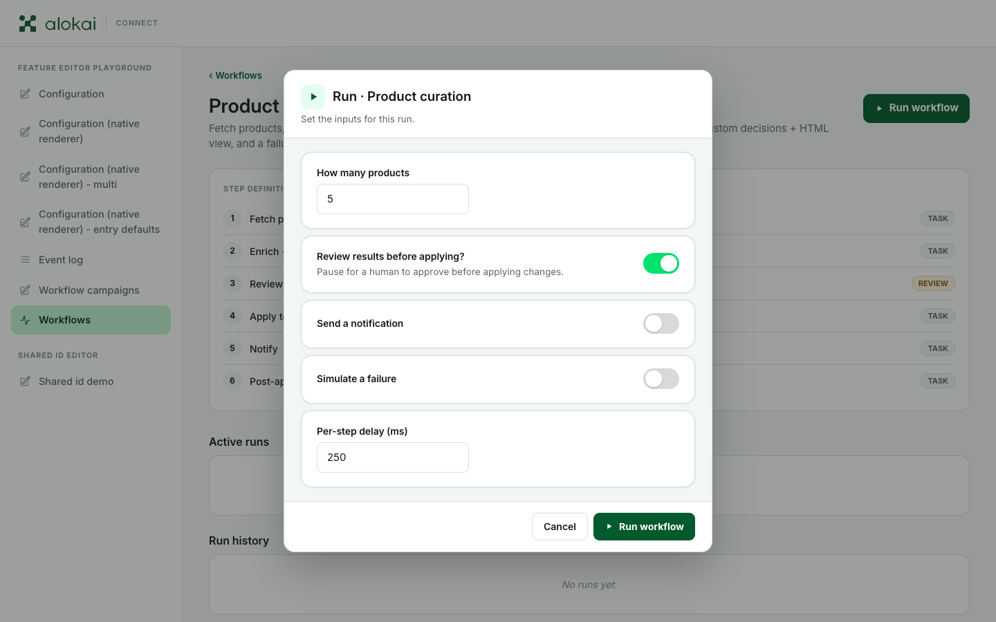 The run input form: a few fields to fill in, then Cancel or Run workflow
