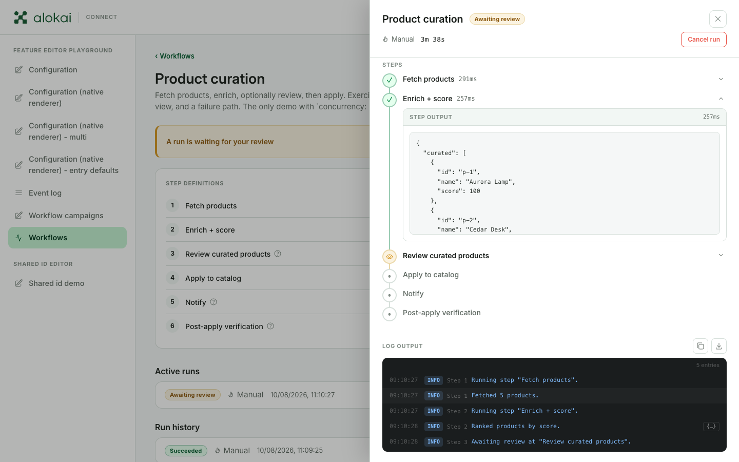 An open run: completed steps with a step output unfolded, upcoming steps below, and the log at the bottom