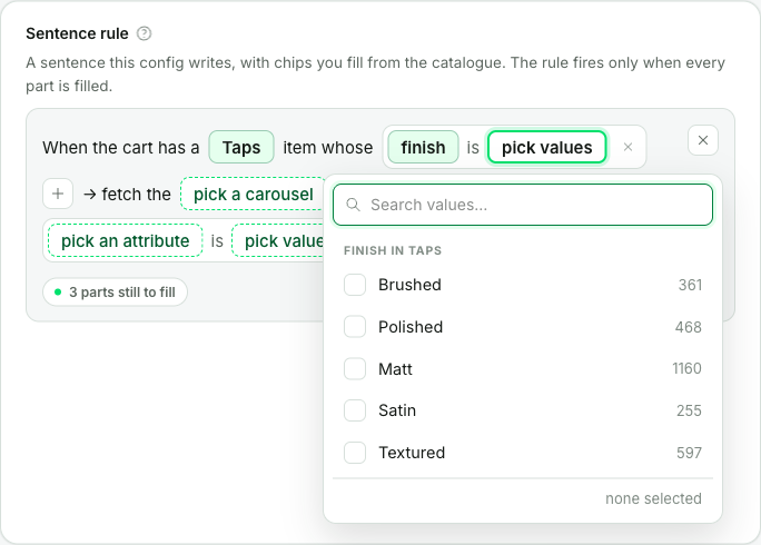 The values chip open inside a sentence rule: a Search values box, the heading FINISH IN TAPS, and rows Brushed 361, Polished 468, Matt 1160, Satin 255, Textured 597 with a "none selected" note at the bottom