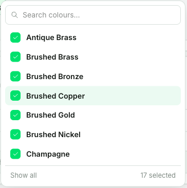 A colour chip's list narrowed to the picked colours, all ticked, with Show all and 17 selected at the bottom