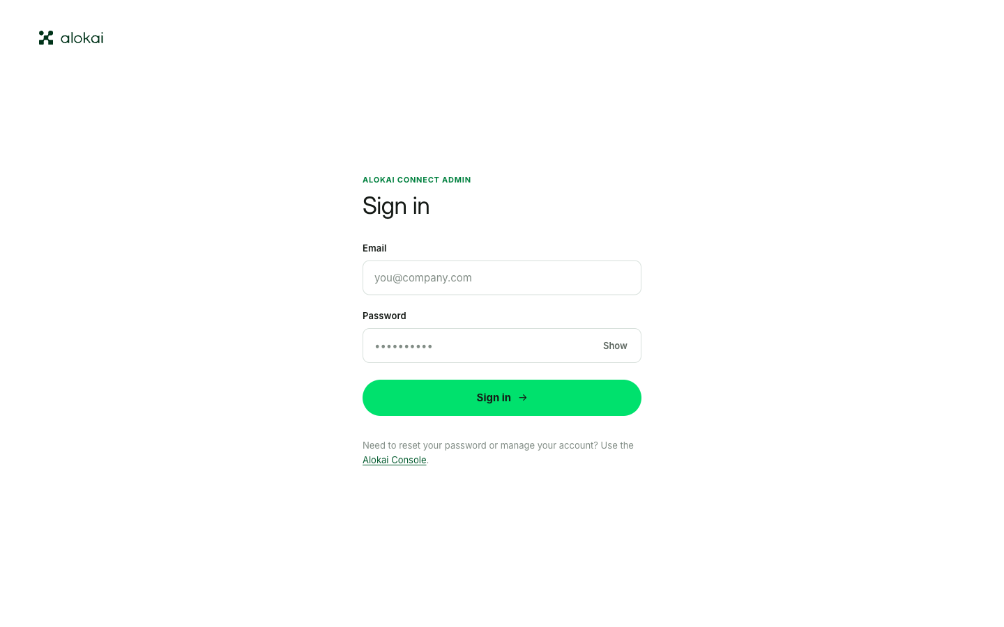 The Connect Admin sign-in screen