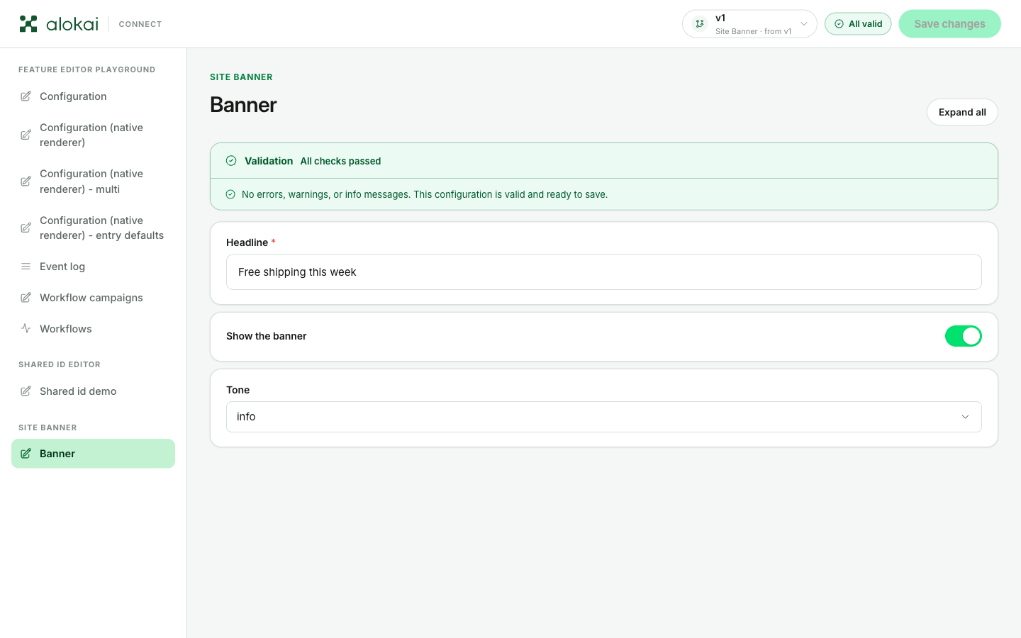 The Site Banner feature in the panel: the form from the code above, with its three fields