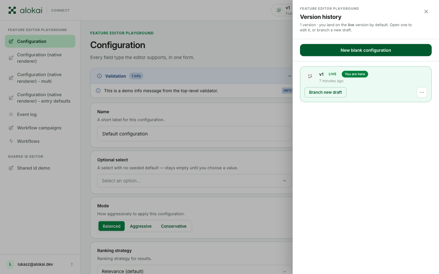 The version history: the live version is marked, and "You are here" shows the one you're editing