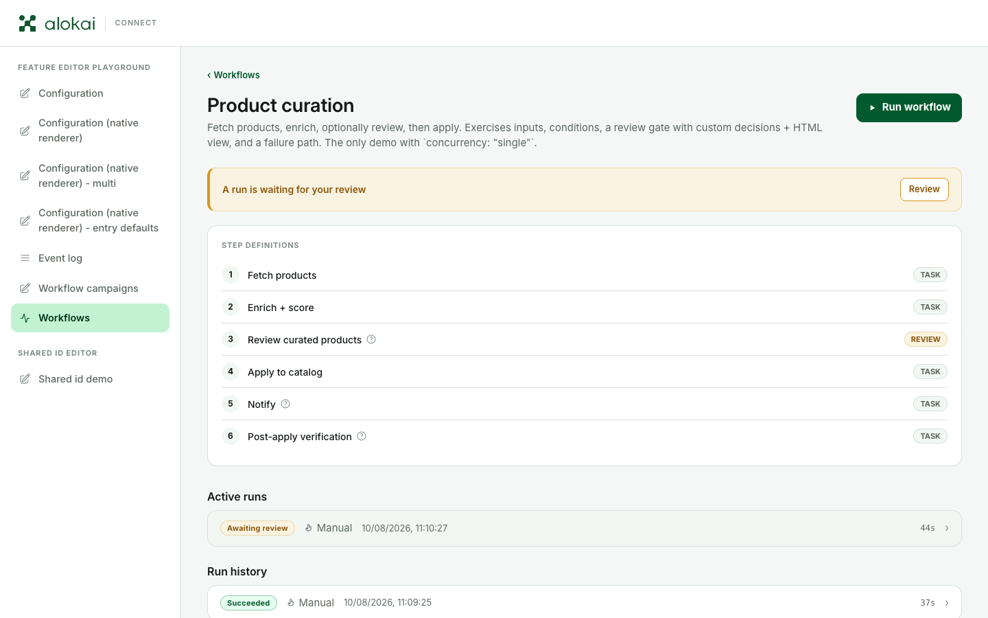 A workflow's page: the Run workflow button, the step definitions, an active run waiting for review, and the run history