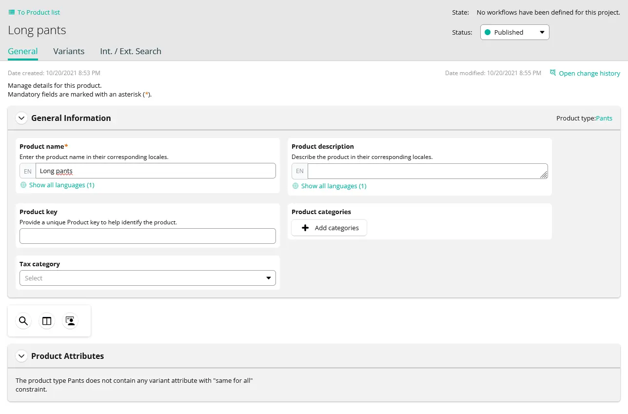 Page showing a summary of the newly created product and 'Published' status of the product