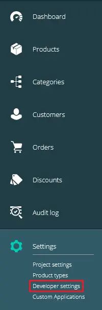 Position of the 'Developer settings' page in the menu in commercetools