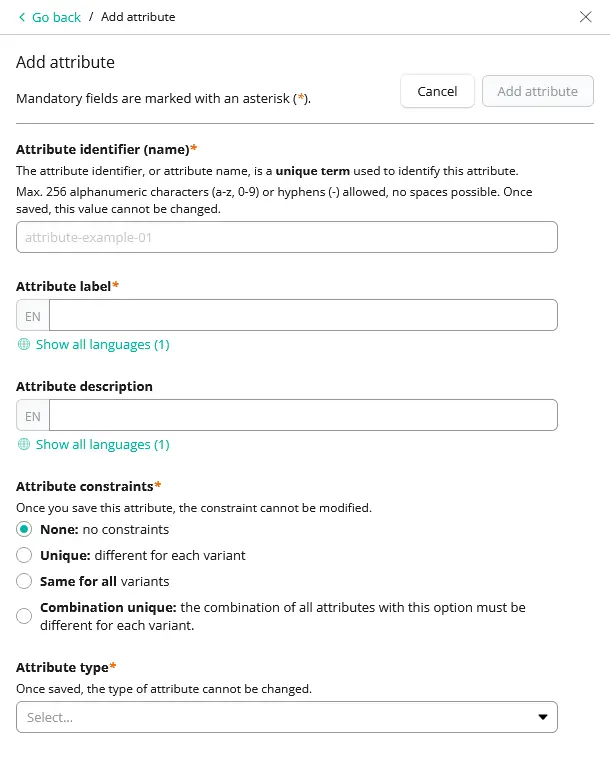 Page to enter attributes of the product type