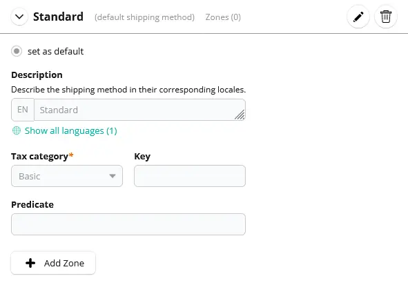 Page to enter shipping methods and their prices for each zone in the store