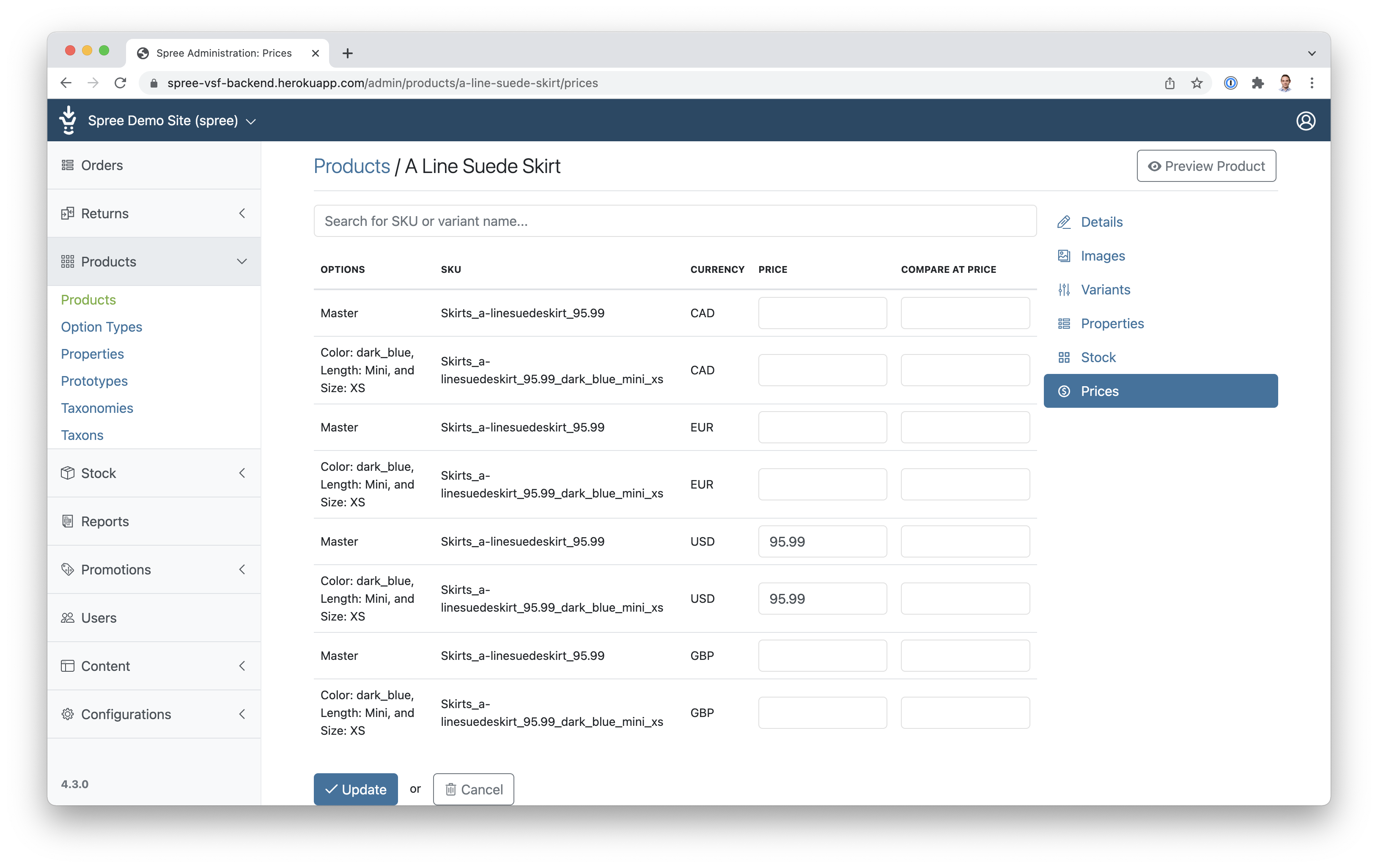 Configuring product's price in multiple currencies in Spree