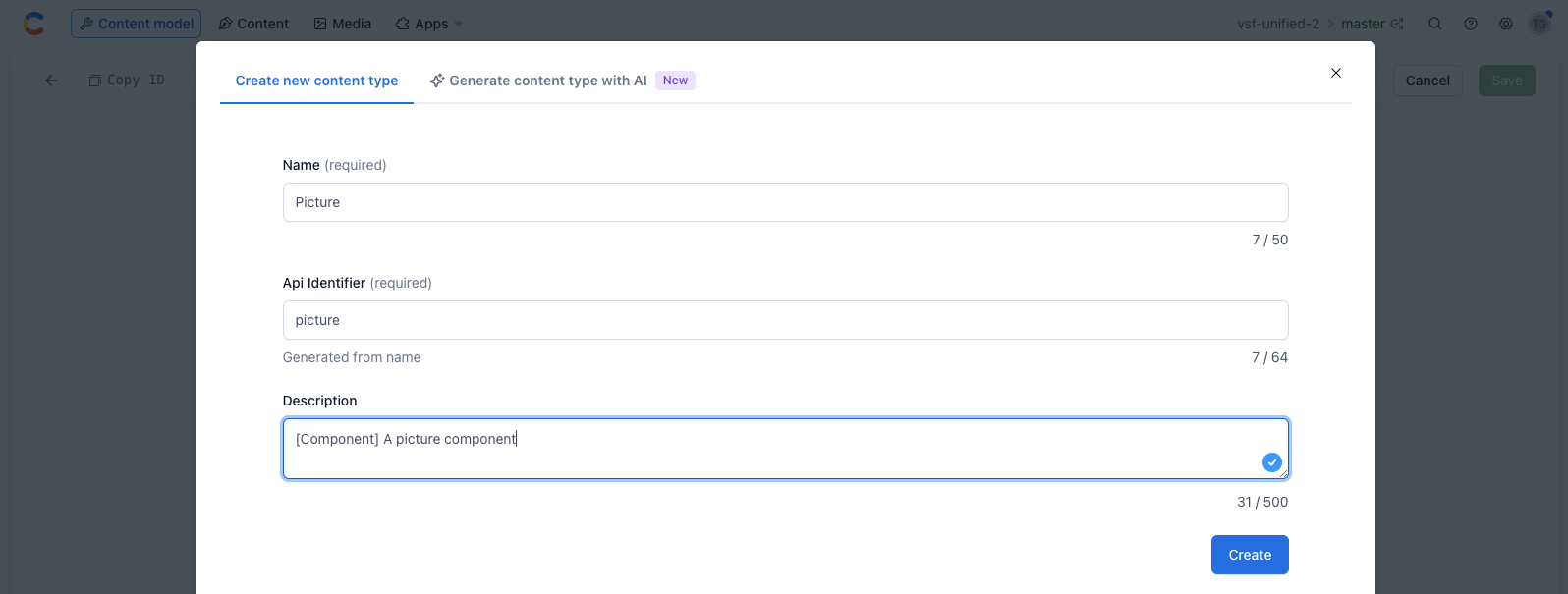 Create content type modal