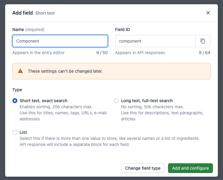Add Component field modal