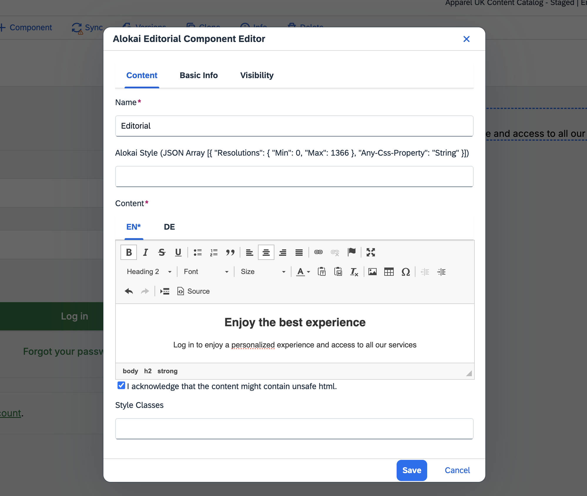 set editorial component properties