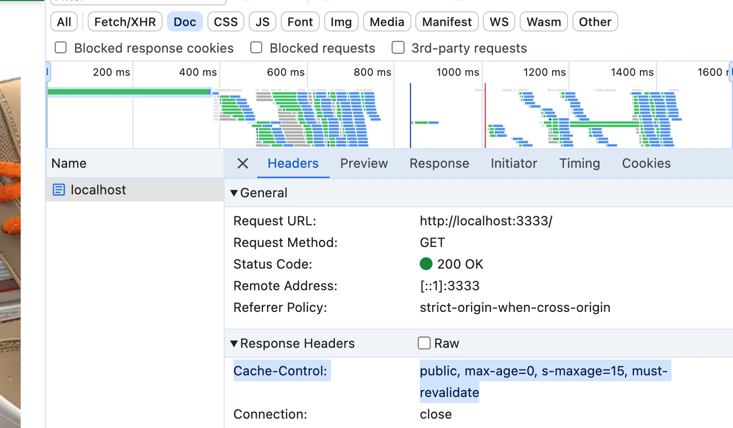 Network Tab showing Cache-Control header attached to the response