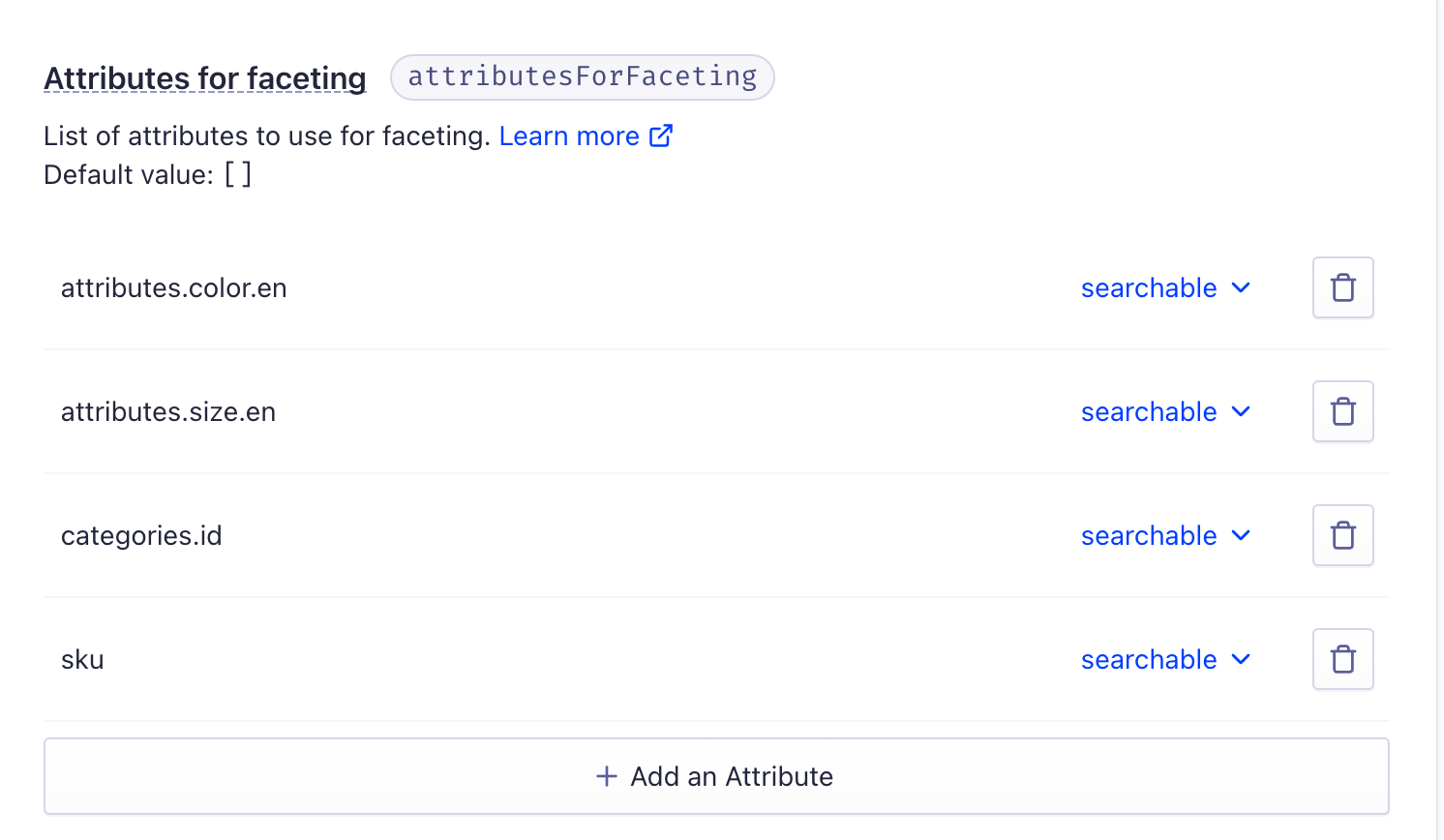 Example configuration for Algolia facets