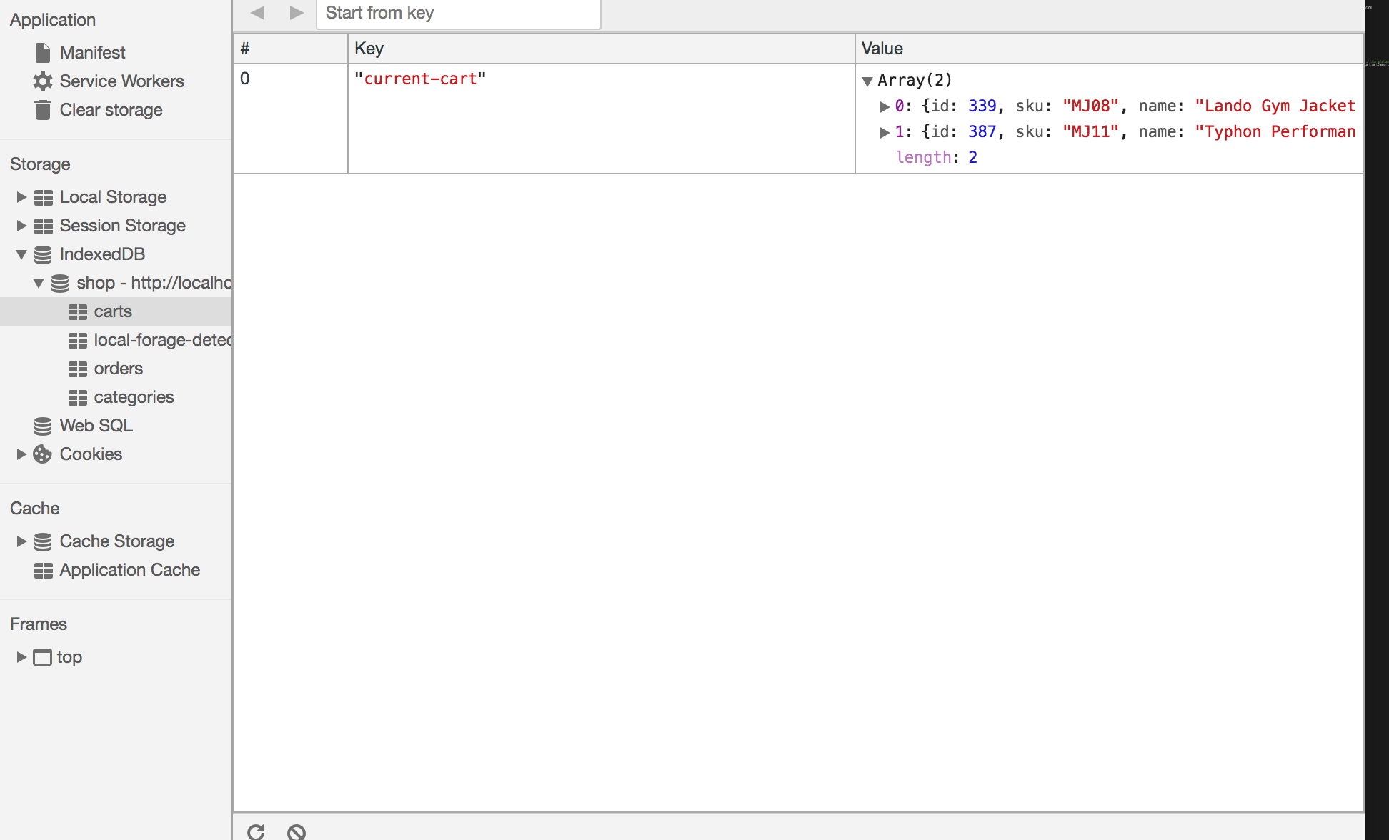 Carts data format as seen on Developers Tools