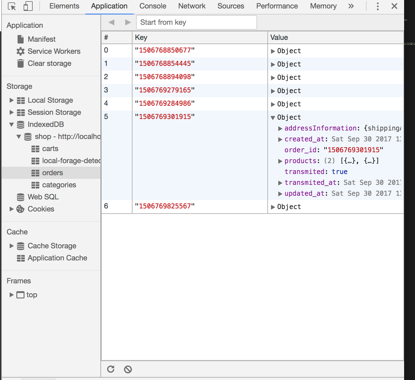 Orders data format as seen on Developers Tools